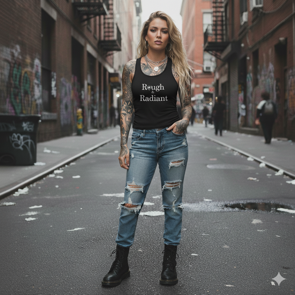 Woman standing on a street wearing a black tank top and ripped jeans.