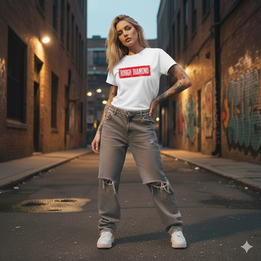 Woman wearing a 'Rough Diamond' t-shirt in an urban alleyway.