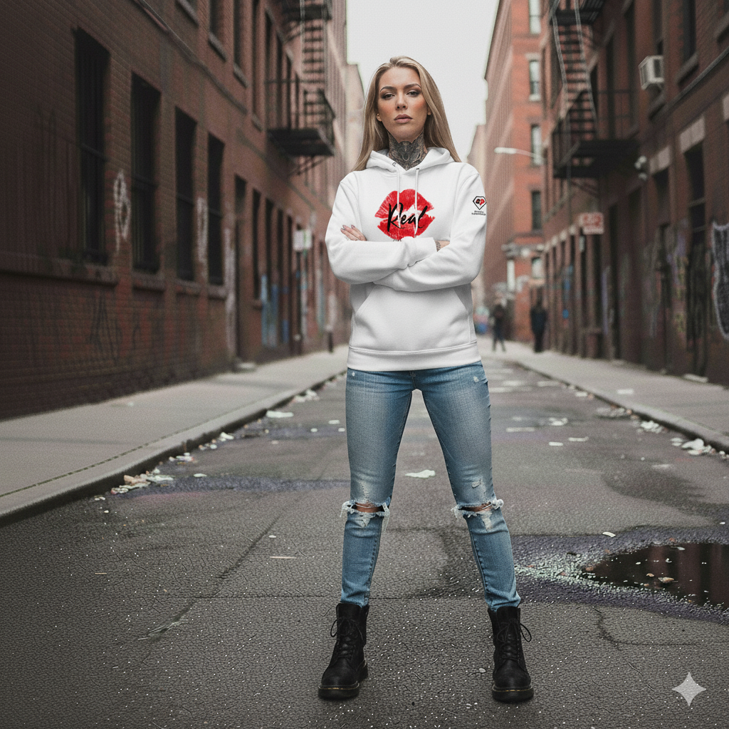 Person wearing a white hoodie with a red logo on a city street