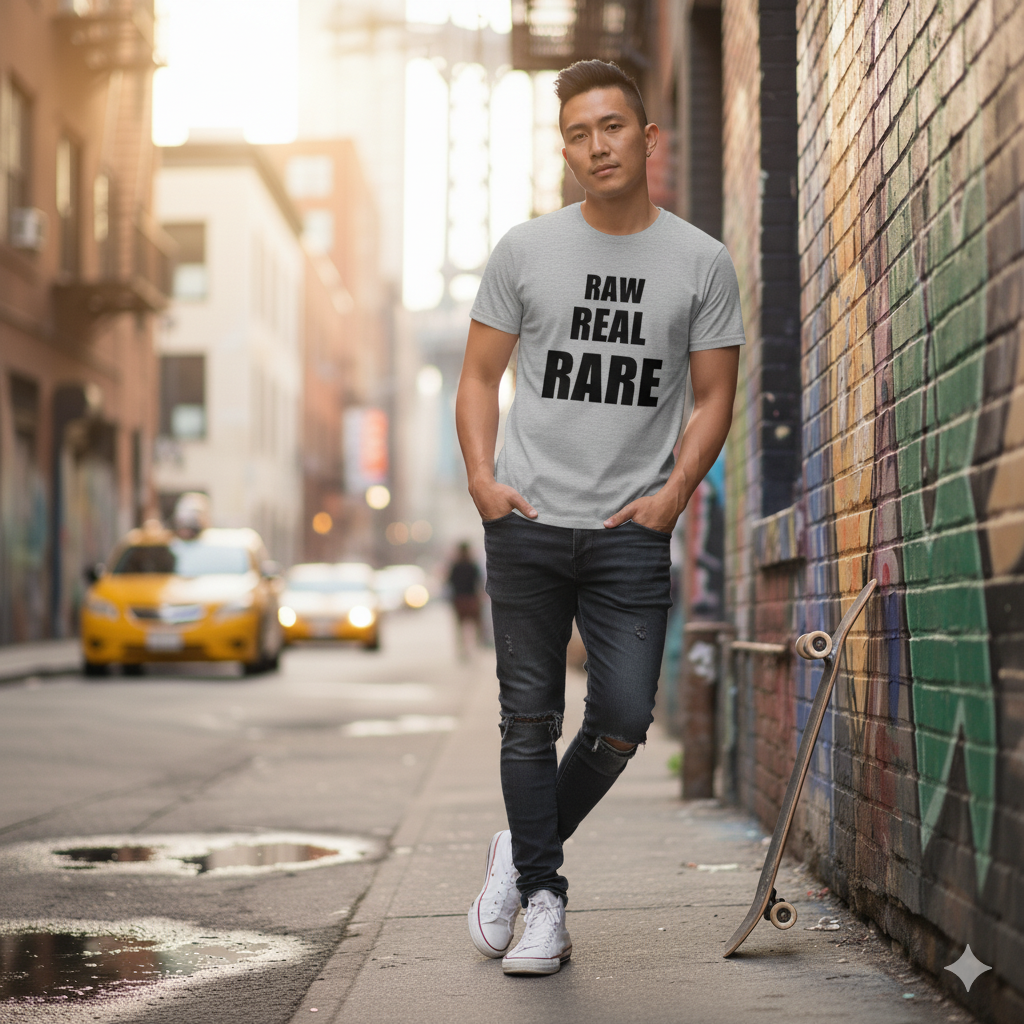 Man wearing a gray t-shirt with 'RAW REAL RARE' text on a city street.