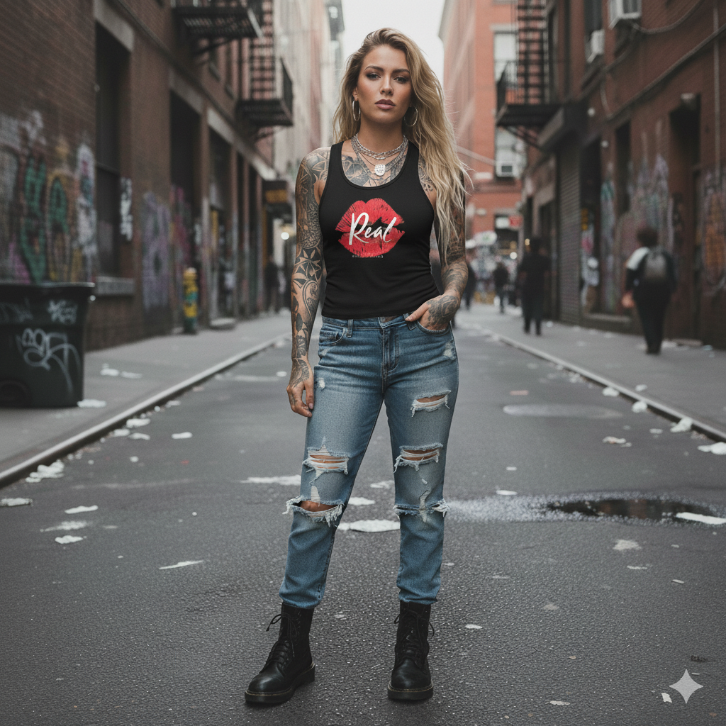 Woman standing on a street with graffiti in the background