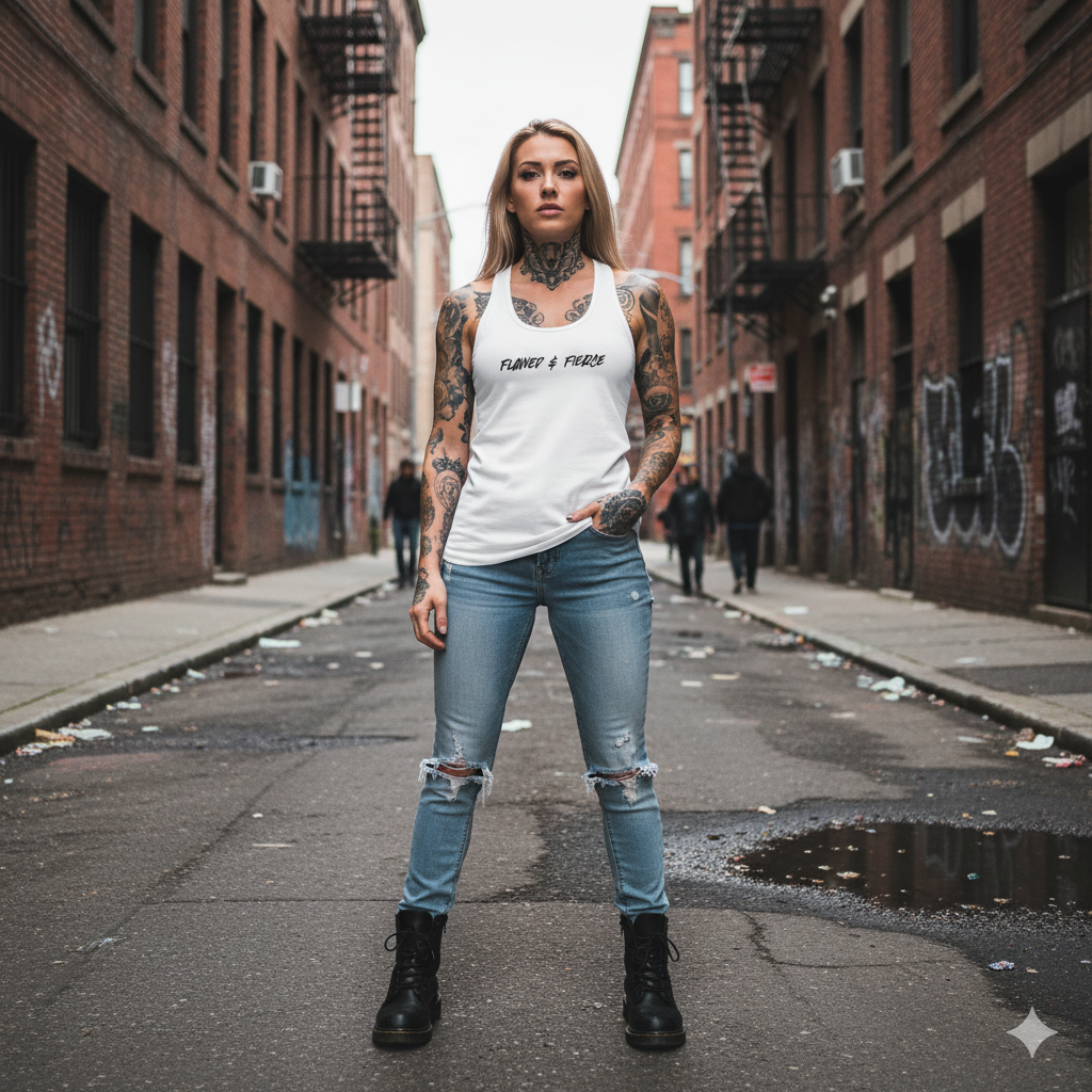 Woman with tattoos standing on a street with brick buildings