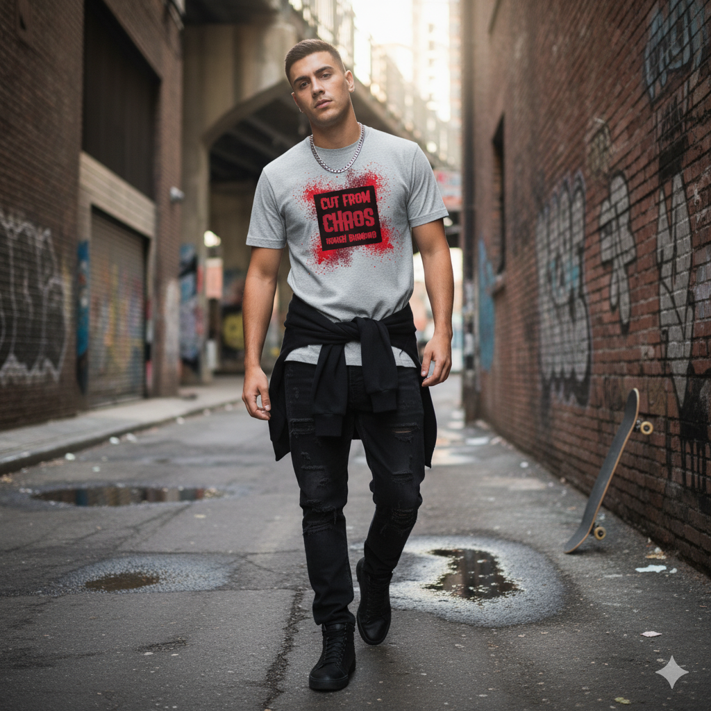 Man walking in an alley with graffiti on the walls