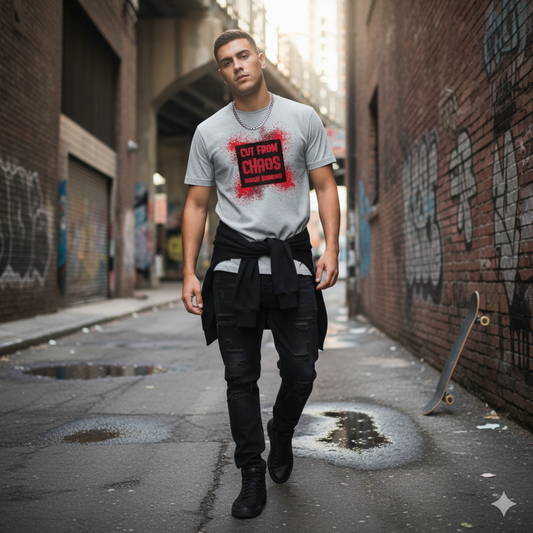 Man walking in an alley with graffiti on the walls