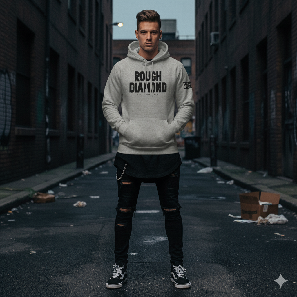 Man wearing a 'Rough Diamond' hoodie in an urban alleyway