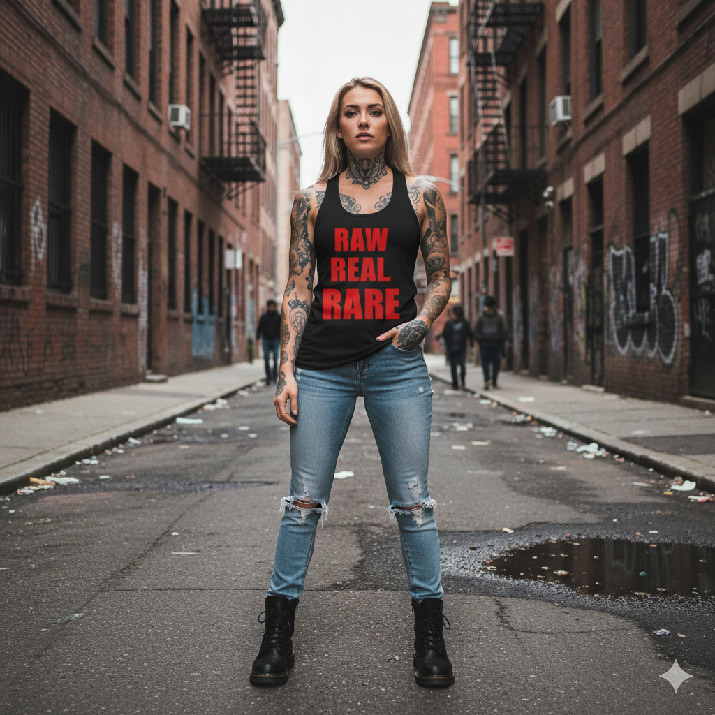 Woman wearing a black tank top with red text standing in an urban alleyway.