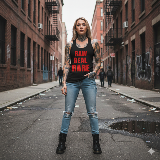 Woman wearing a black tank top with red text standing in an urban alleyway.
