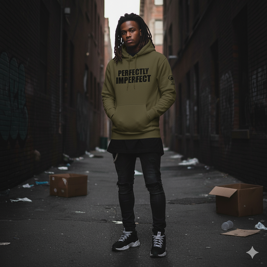 Person wearing a green hoodie with 'Perfectly Imperfect' text in an urban alleyway.