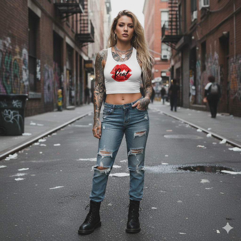 woman with tattoos standing in alley wearing white crop tank with red lips graphic
