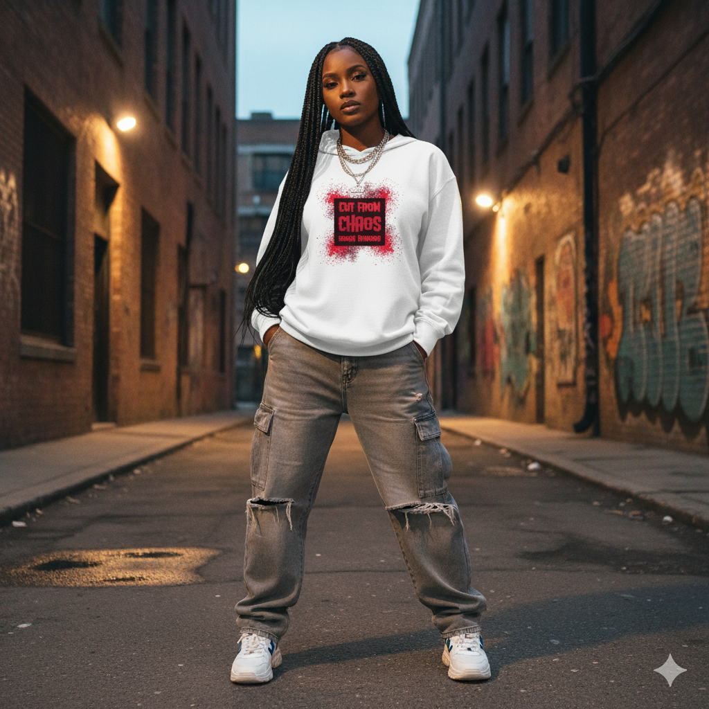 Person wearing a white sweatshirt with a graphic design in an urban alleyway.