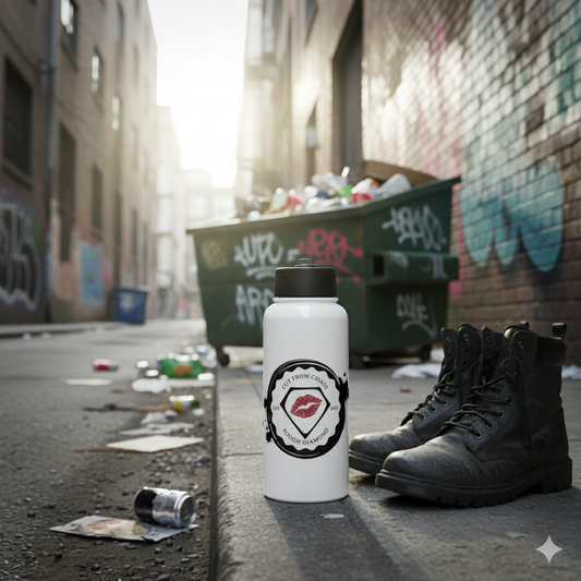 cut from chaos stainless steel water bottle in alley with work boots streetwear style