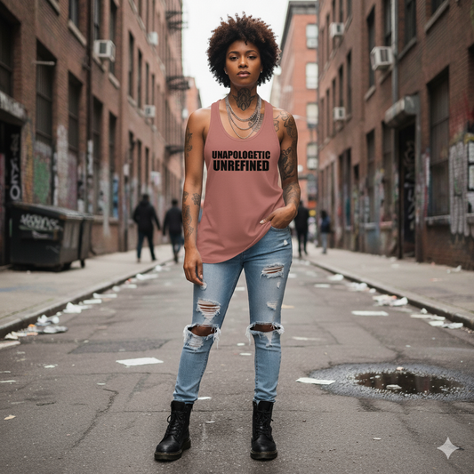 Person wearing a tank top with text on a city street