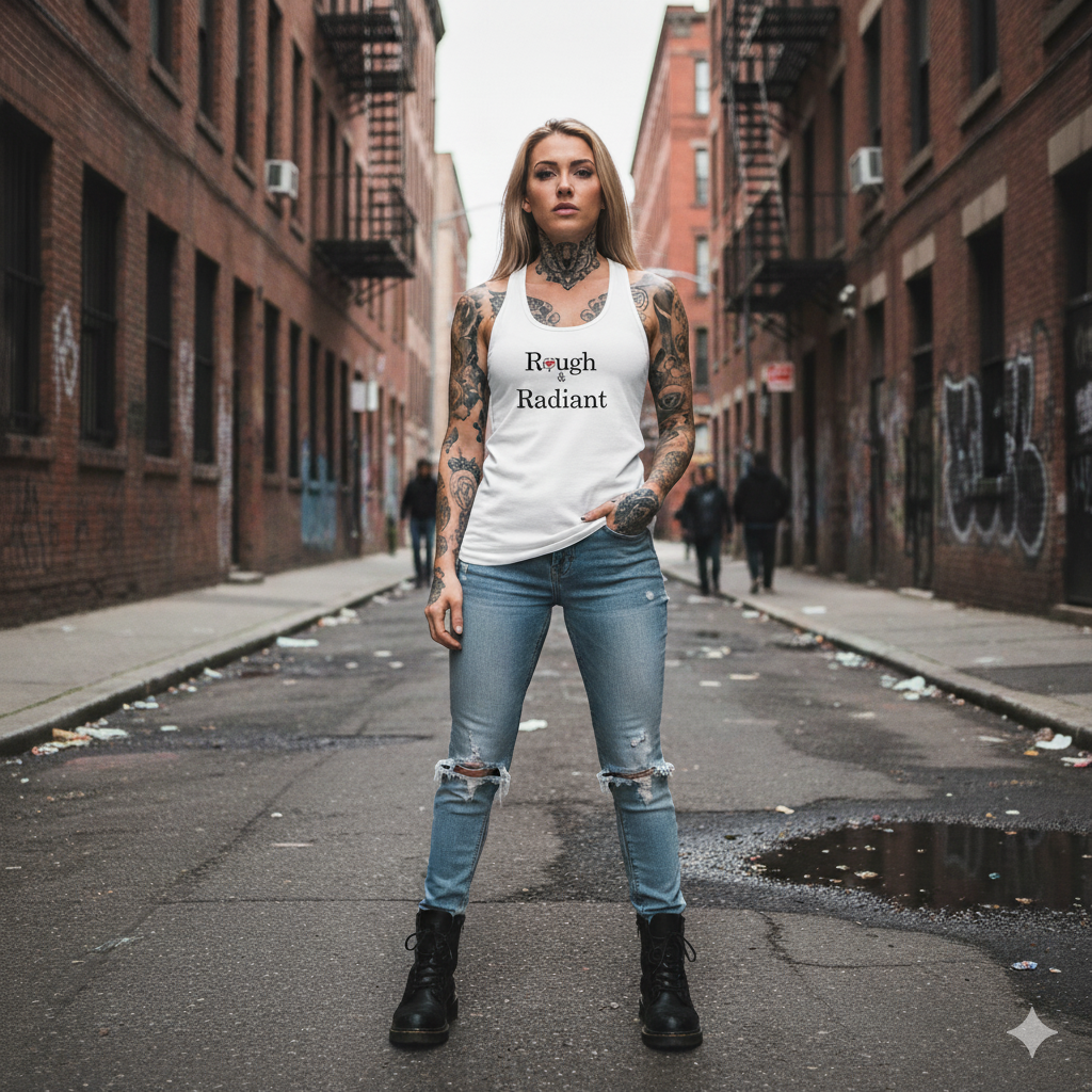 Woman standing in an urban alleyway wearing a white t-shirt with text and ripped jeans.
