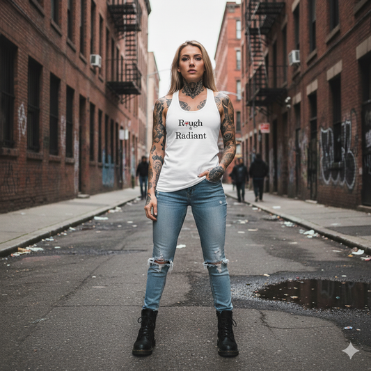 Woman standing in an urban alleyway wearing a white t-shirt with text and ripped jeans.