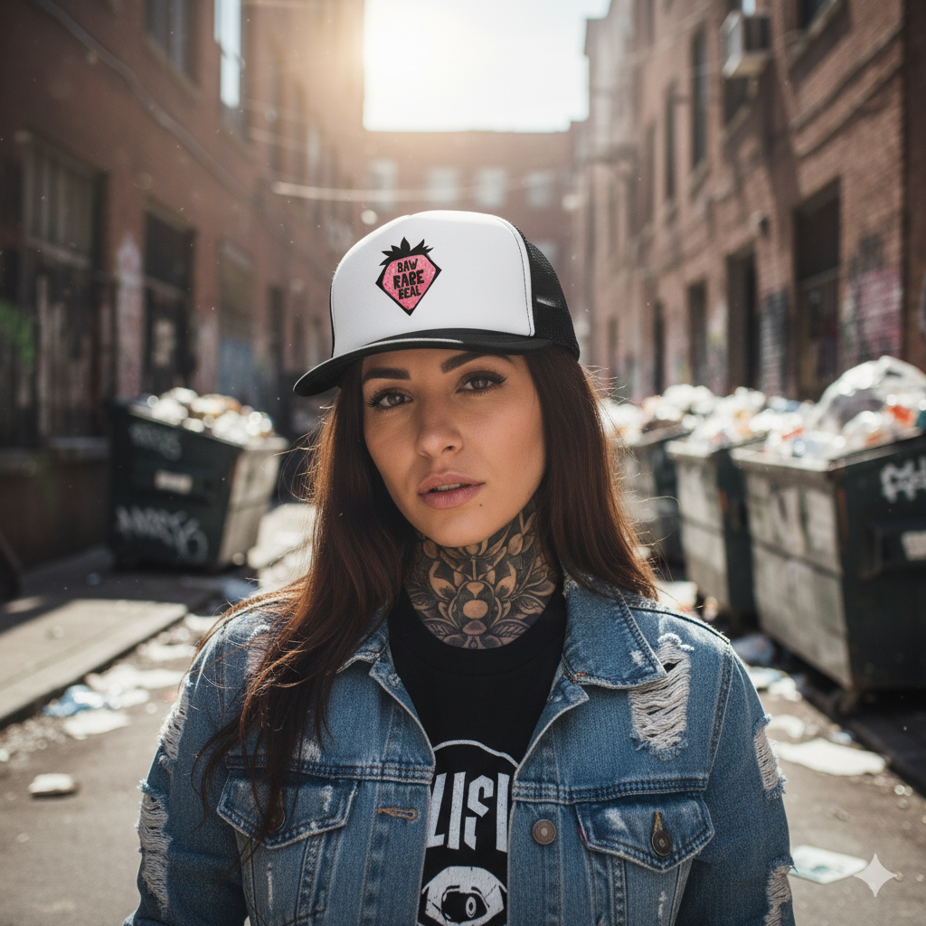 Woman wearing a cap and denim jacket in an urban alleyway with trash bins.