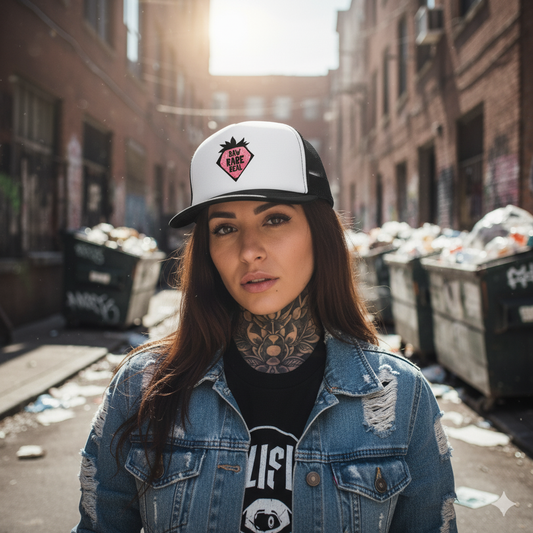 Woman wearing a cap and denim jacket in an urban alleyway with trash bins.