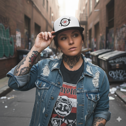 Person wearing a denim jacket and cap in an urban alleyway with graffiti.