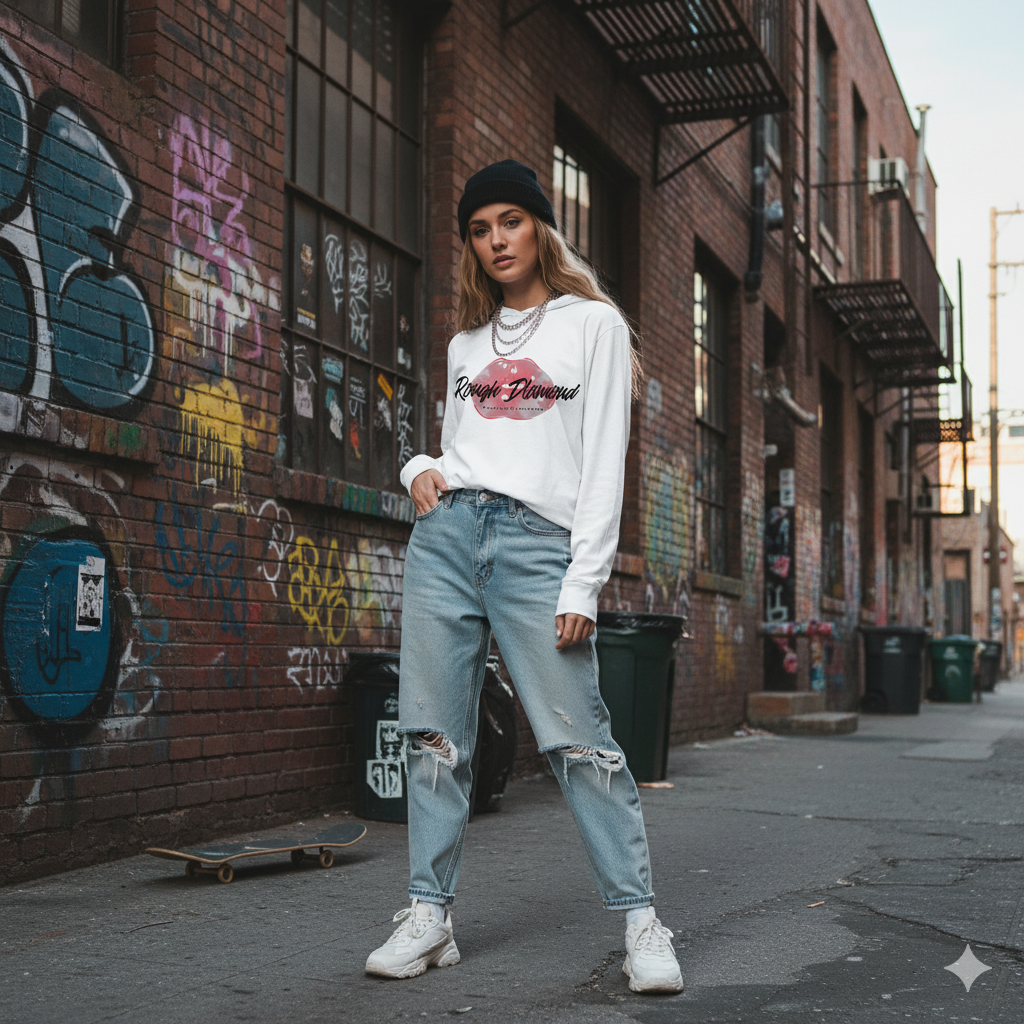 Woman standing in an urban alleyway with graffiti on the wall