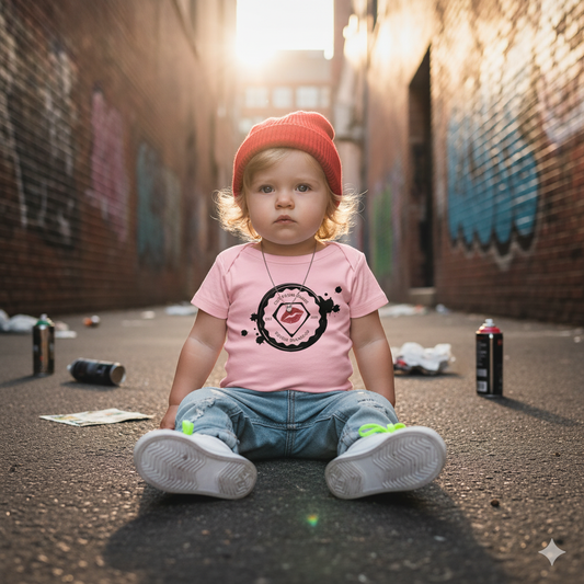 baby girl wearing a cut from chaos rough diamond one piece sitting in an alley graphite style