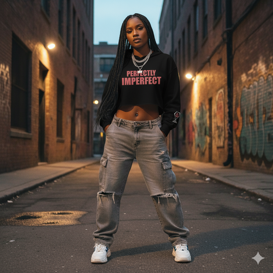 Person wearing a black sweatshirt with 'PERFECTLY IMPERFECT' text in an urban alleyway.