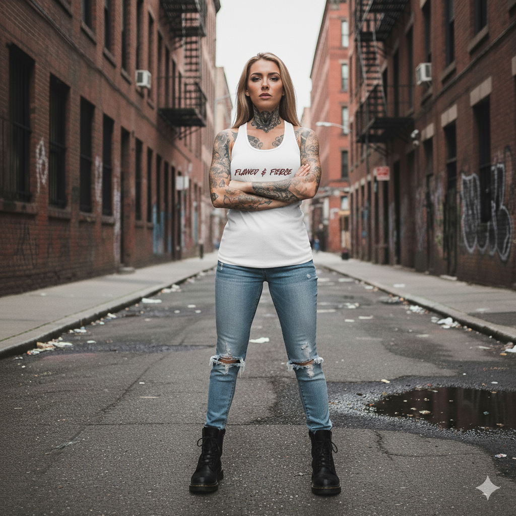 Woman with tattoos standing in an urban alleyway
