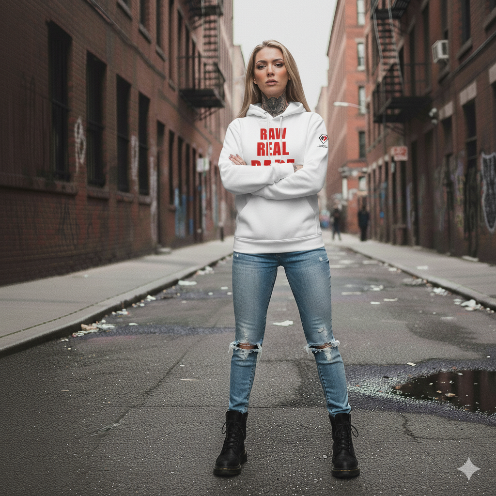 Woman wearing a white hoodie with red text standing on a city street.