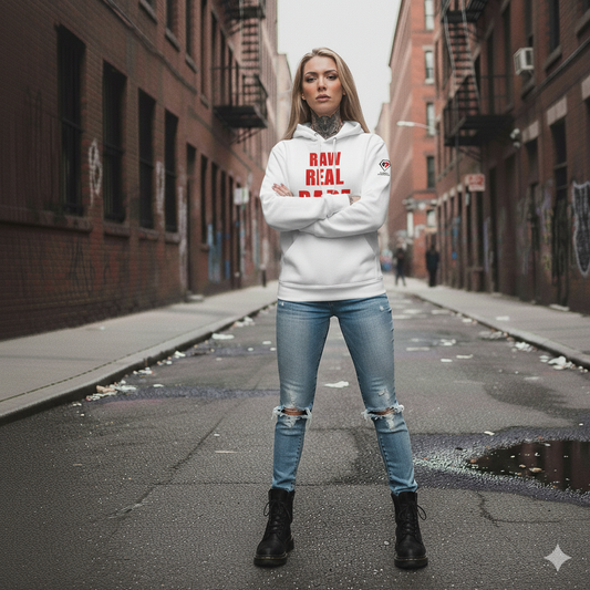 Woman wearing a white hoodie with red text standing on a city street.