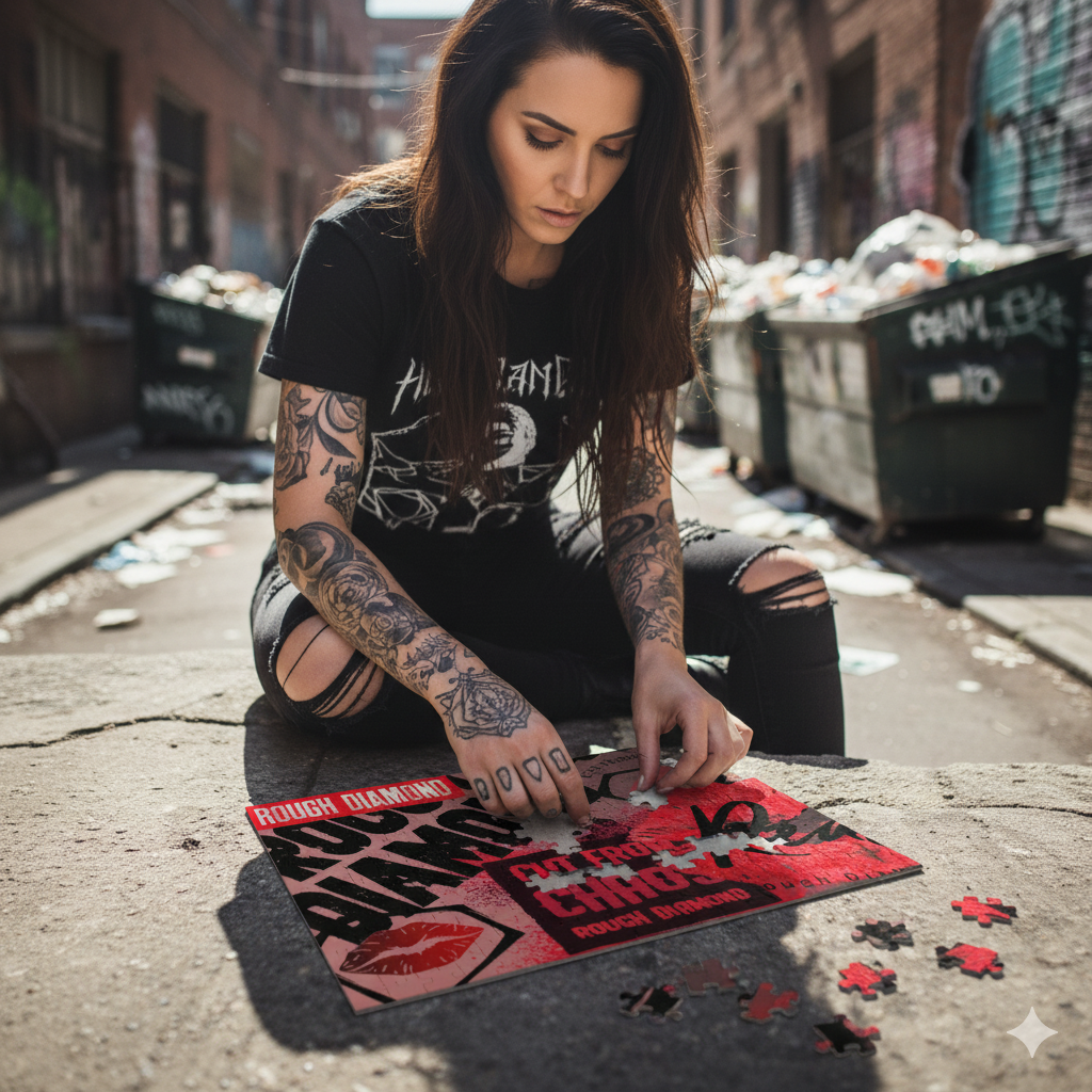 woman sitting in alley streetwear style working on rough diamond puzzle