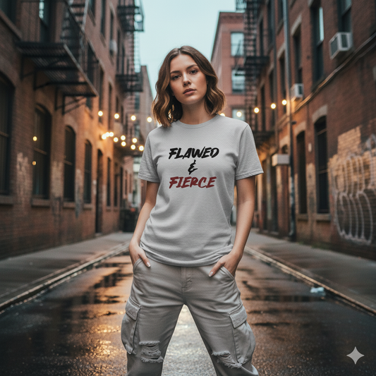 Woman wearing a t-shirt with 'Flawed & Fierce' text in an urban setting