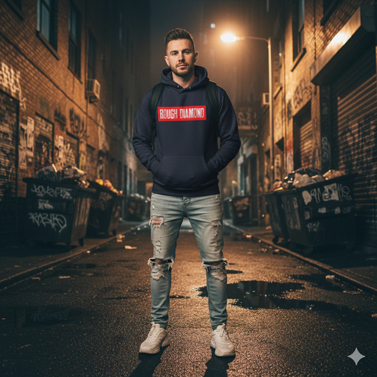 Man wearing a hoodie with text in an urban alleyway at night