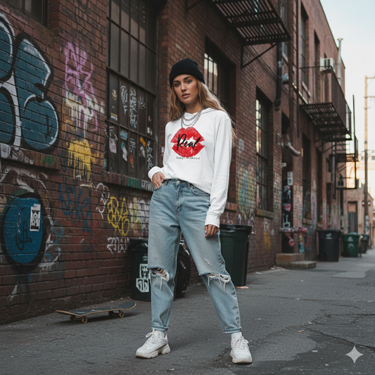 Person wearing a white sweatshirt with a red graphic and light blue jeans standing in an urban alley with graffiti.