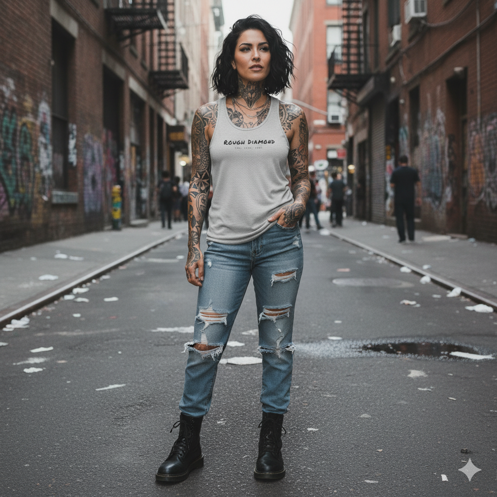 Woman with tattoos standing in an urban alleyway wearing a graphic t-shirt and ripped jeans.