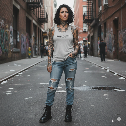 Woman with tattoos standing in an urban alleyway wearing a graphic t-shirt and ripped jeans.