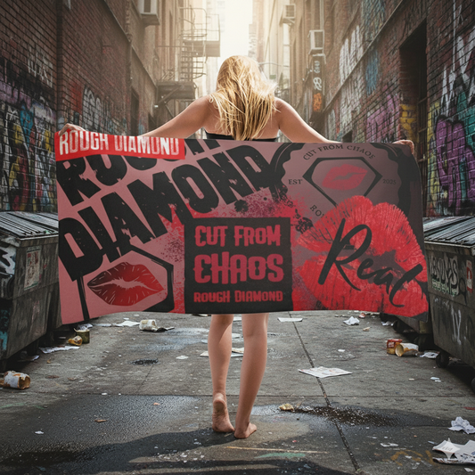 Person holding a large 'Rough Diamond' sign in an urban alleyway.