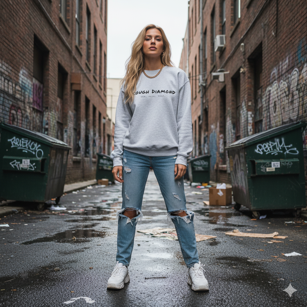 Woman wearing a gray sweatshirt and ripped jeans standing in an urban alleyway.