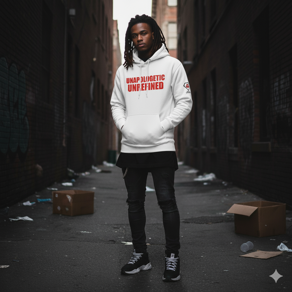 Person wearing a white hoodie with red text in an urban alleyway