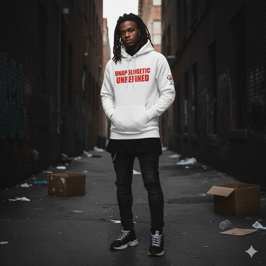 Person wearing a white hoodie with red text in an urban alleyway