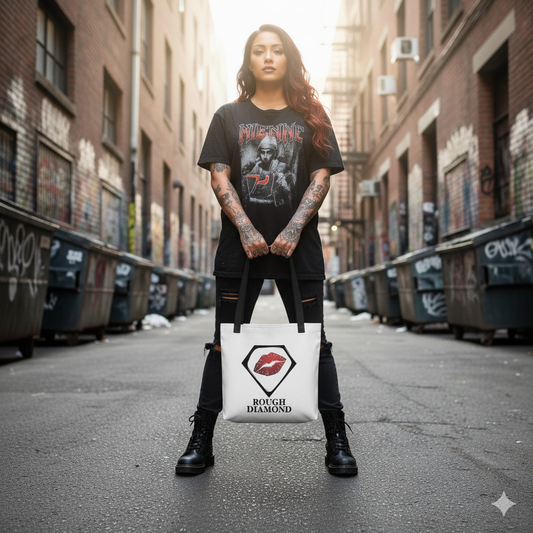Person holding a tote bag with a brand logo in an urban alleyway