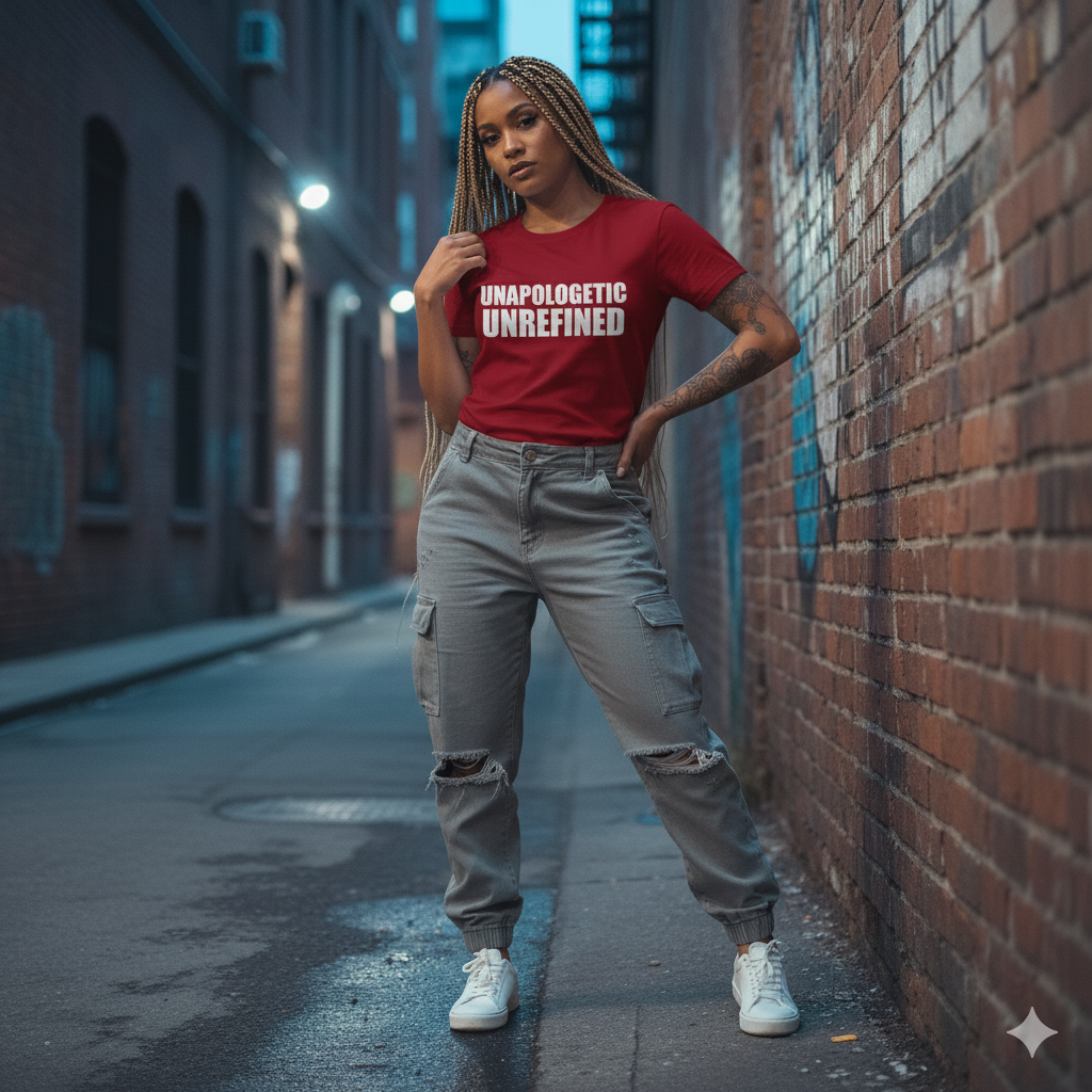 Person wearing a red t-shirt with text standing in an alleyway.