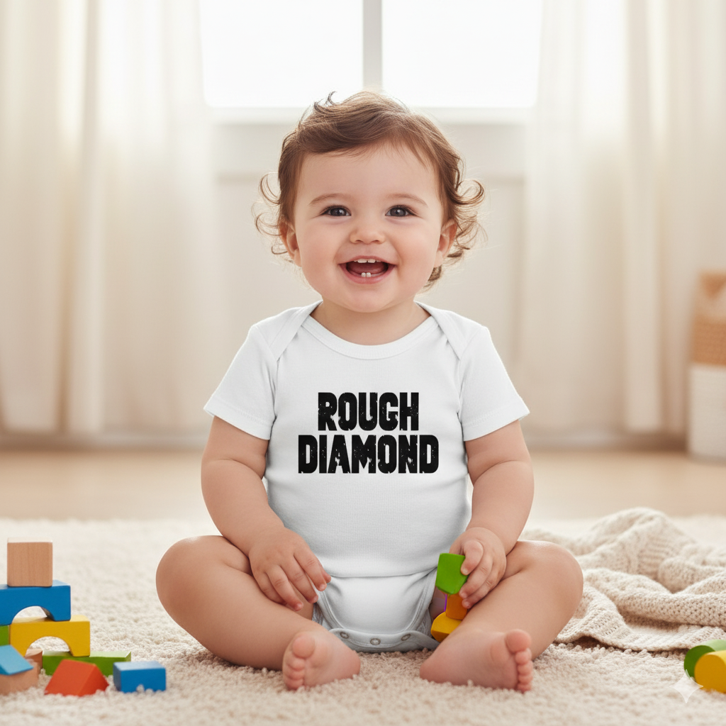 baby sitting with blocks wearing a white onzie with Rough Diamond print