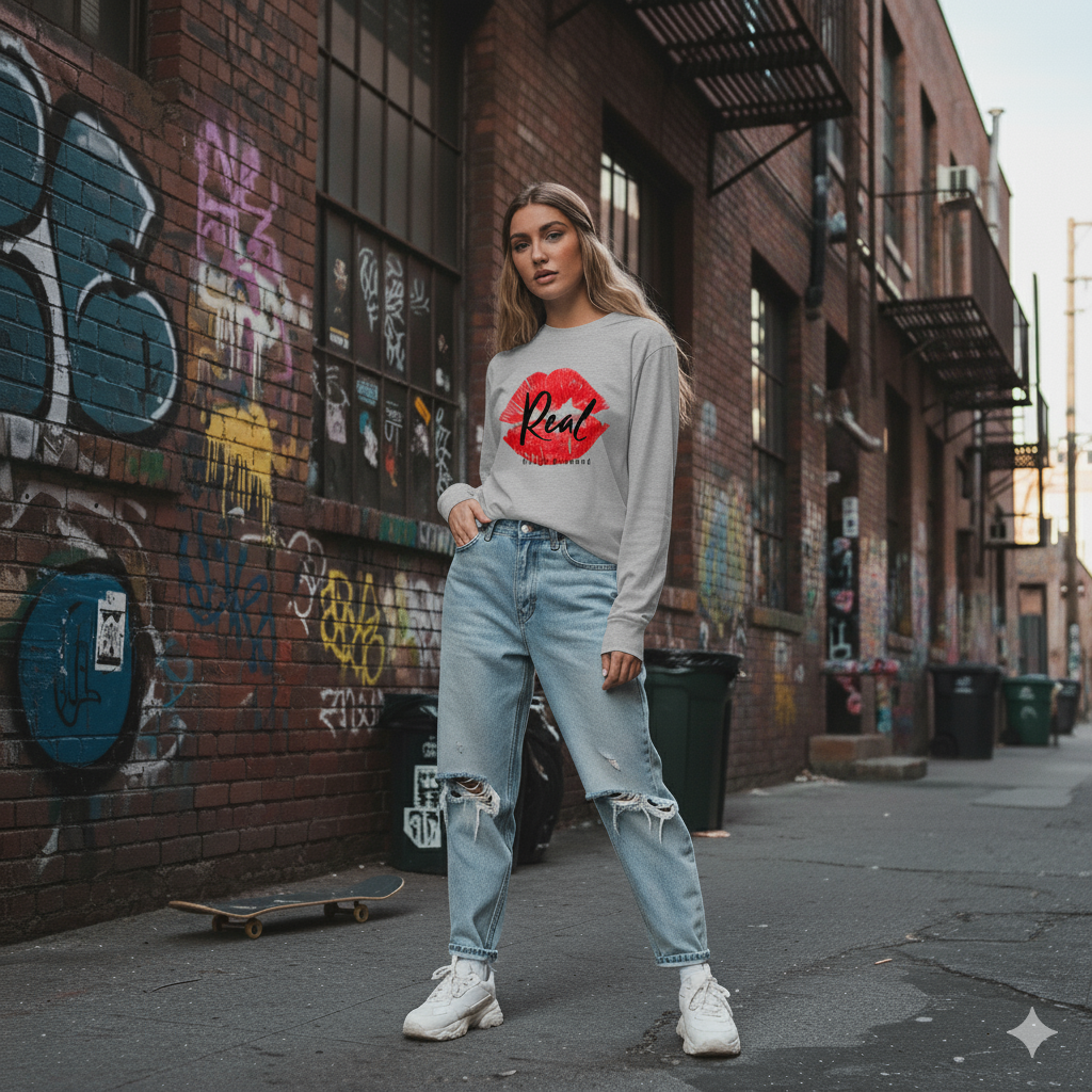 Woman standing in an urban alleyway with graffiti on a brick wall