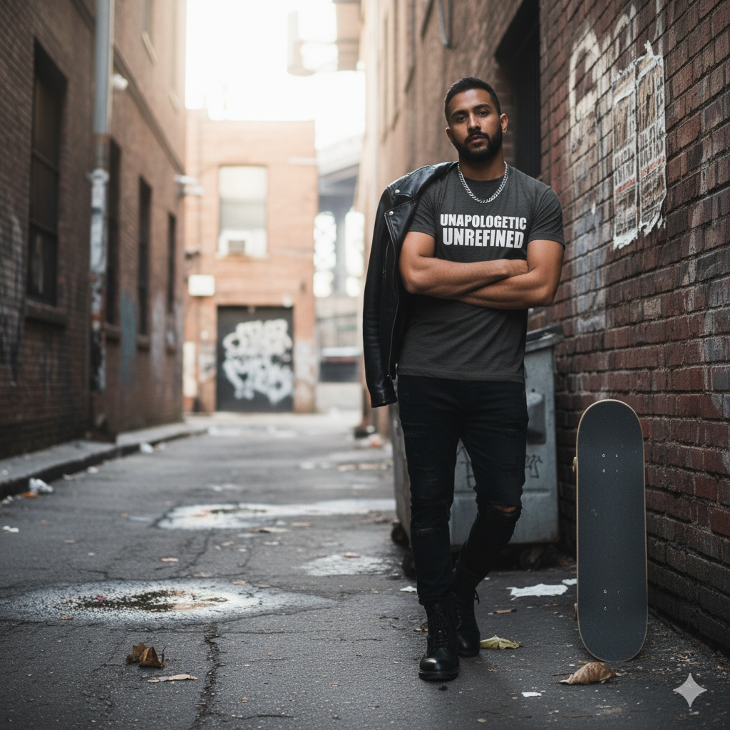 Man standing in an alleyway with a skateboard, wearing a black t-shirt with text and leather jacket.