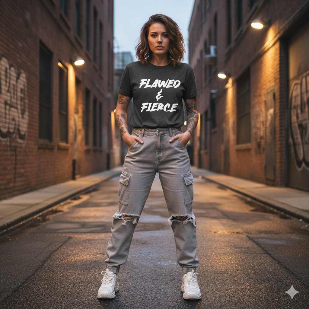 Woman wearing a t-shirt with 'Flawed & Fierce' in an urban alleyway.