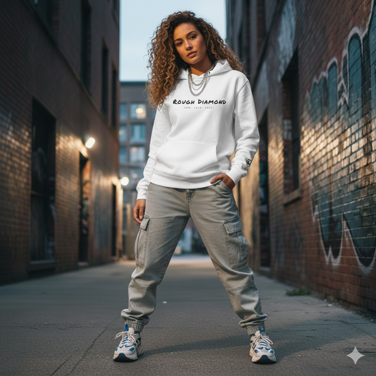 Person wearing a white hoodie with text, standing in an urban alleyway.