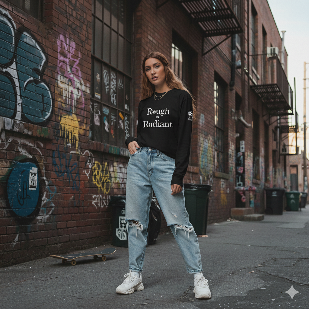 Woman wearing a black sweatshirt with text, blue jeans, and white sneakers standing against a graffiti-covered wall.