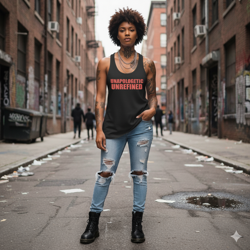 Person wearing a black tank top with red text and ripped jeans standing on a city street.