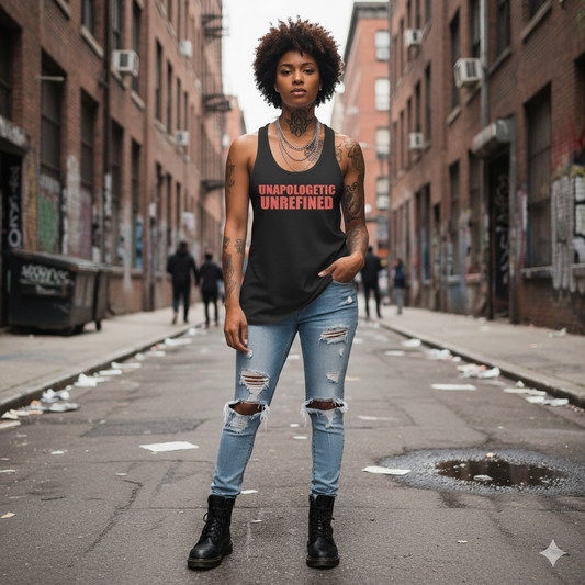 Person wearing a black tank top with red text and ripped jeans standing on a city street.