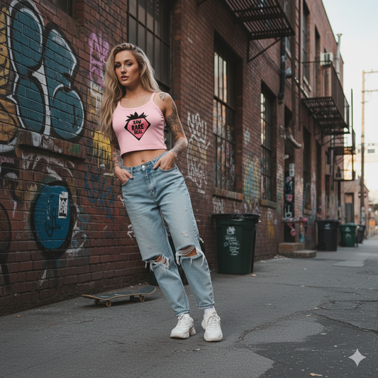 Woman in a pink crop top and ripped jeans standing against a graffiti-covered wall.