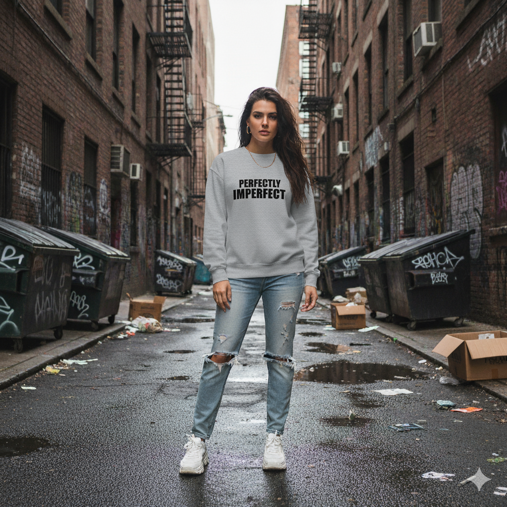 Woman wearing a sweatshirt with 'Perfectly Imperfect' text in an urban alleyway.