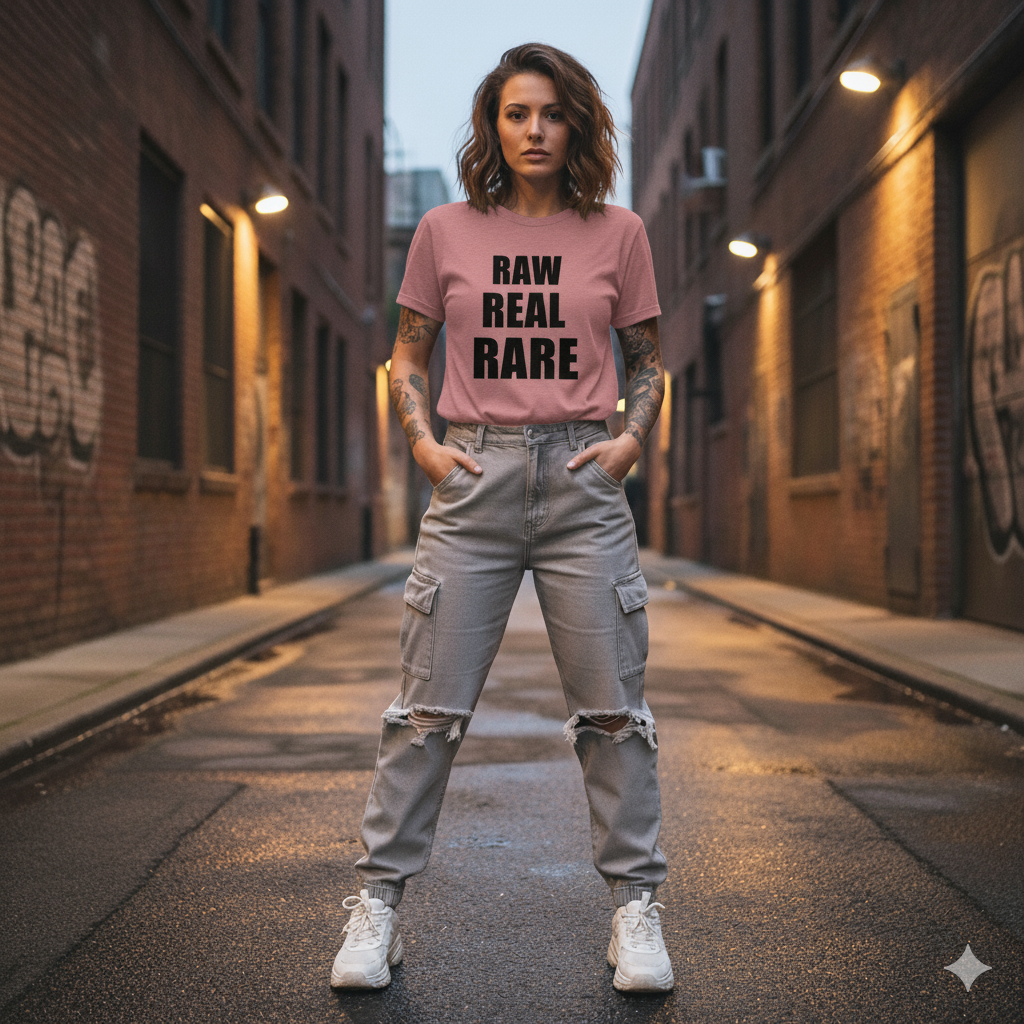 Woman wearing a pink t-shirt with text in an urban alleyway